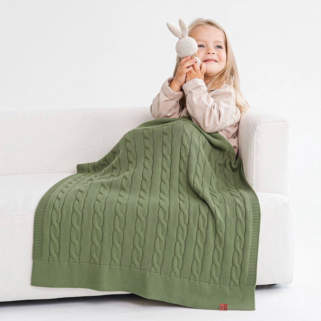 Cable Knit Baby Blanket in Sage Green