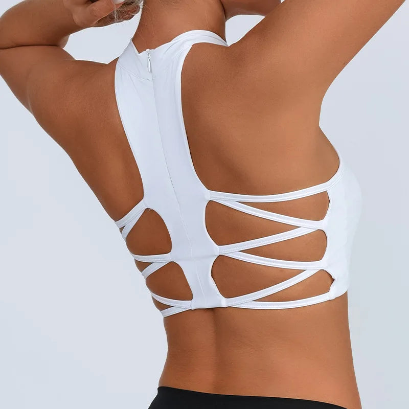 White High Neck Mesh Sports Bra Crop Top