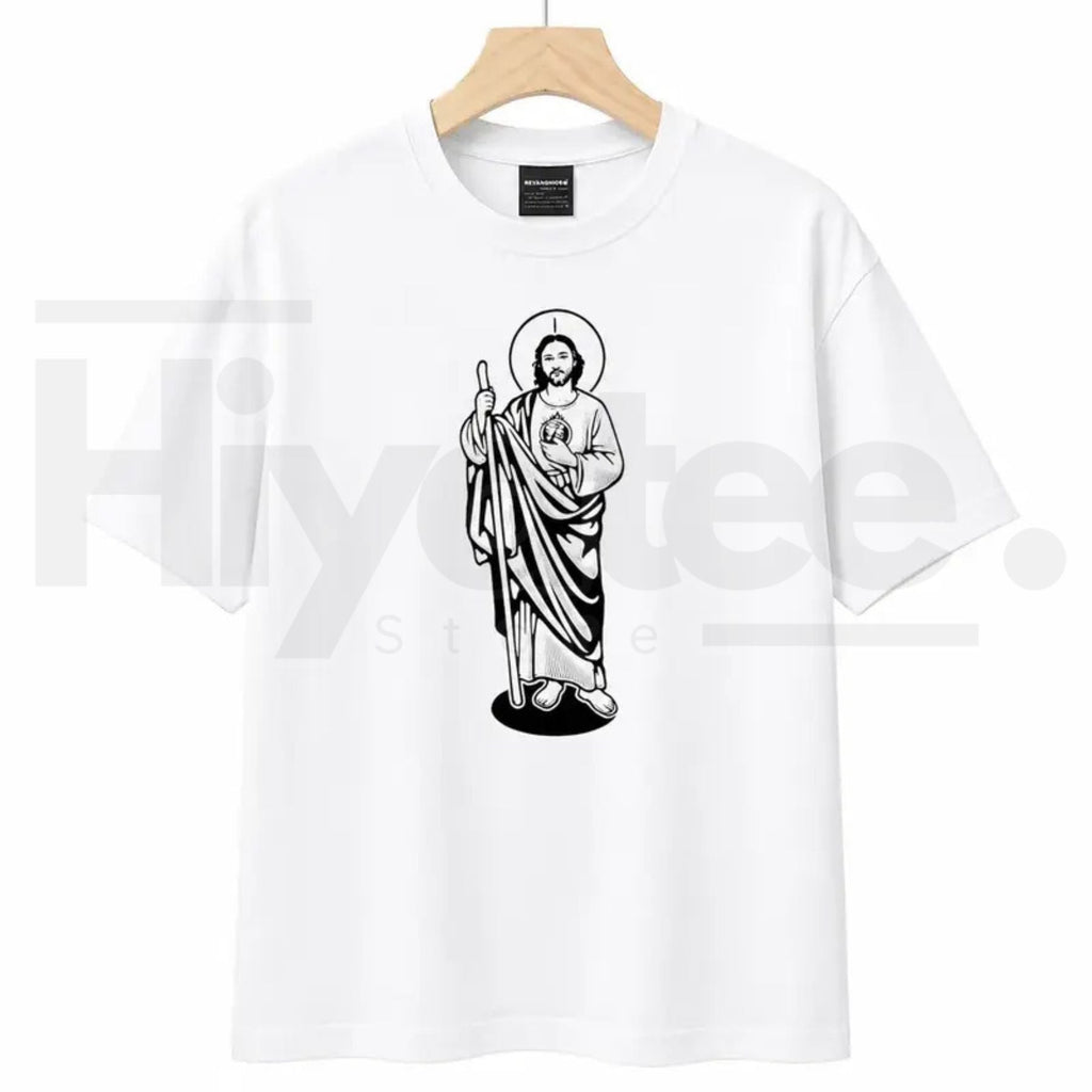 Saint Judas Tadeo Religious T-Shirt – Black and White High-Quality Graphic Tee