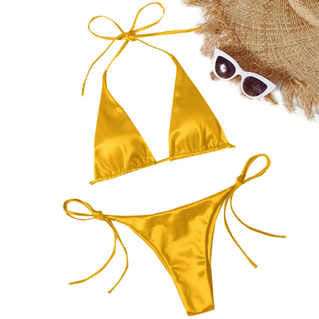 ShimmerWave: Luxe Satin Brazilian Bikini Set