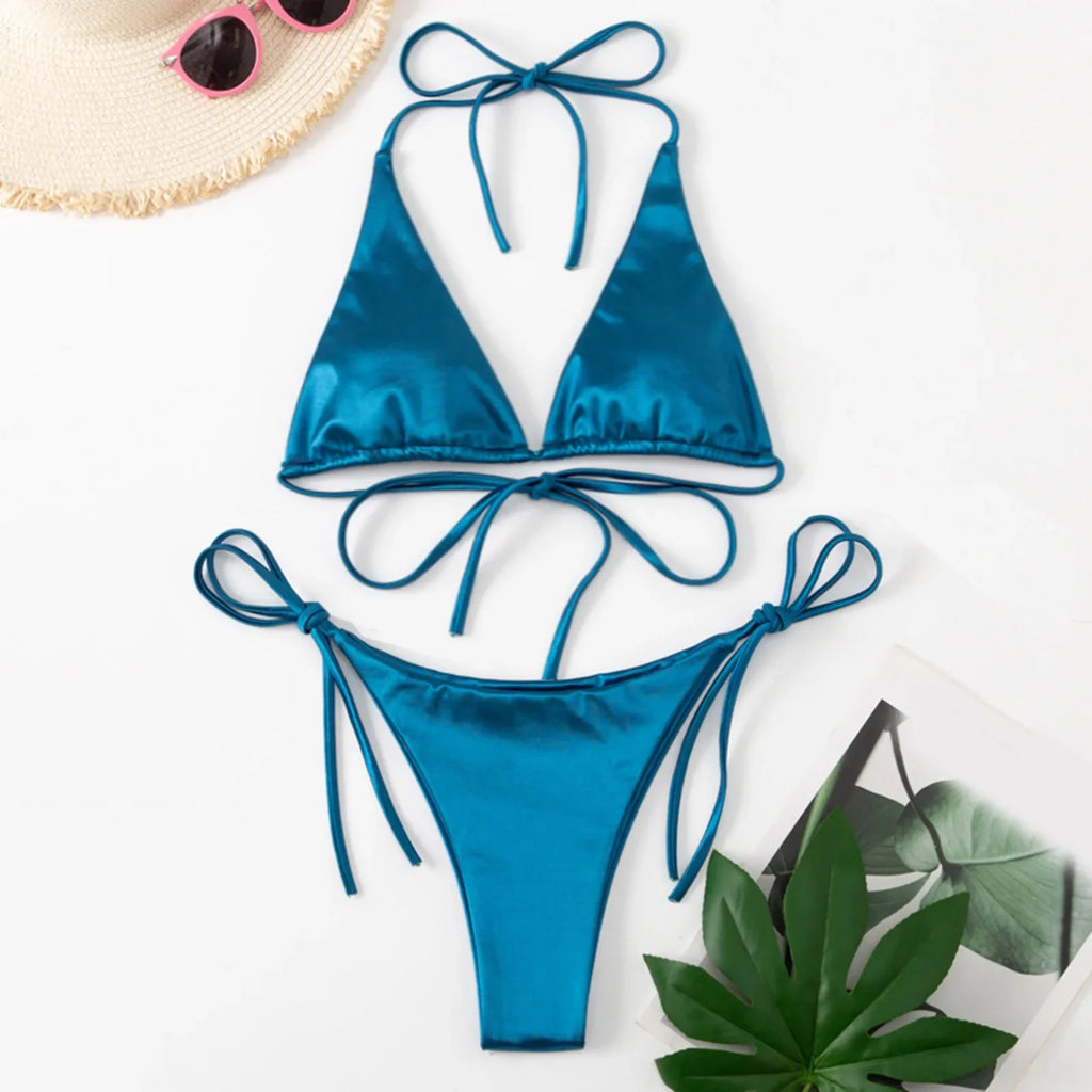 ShimmerWave: Luxe Satin Brazilian Bikini Set