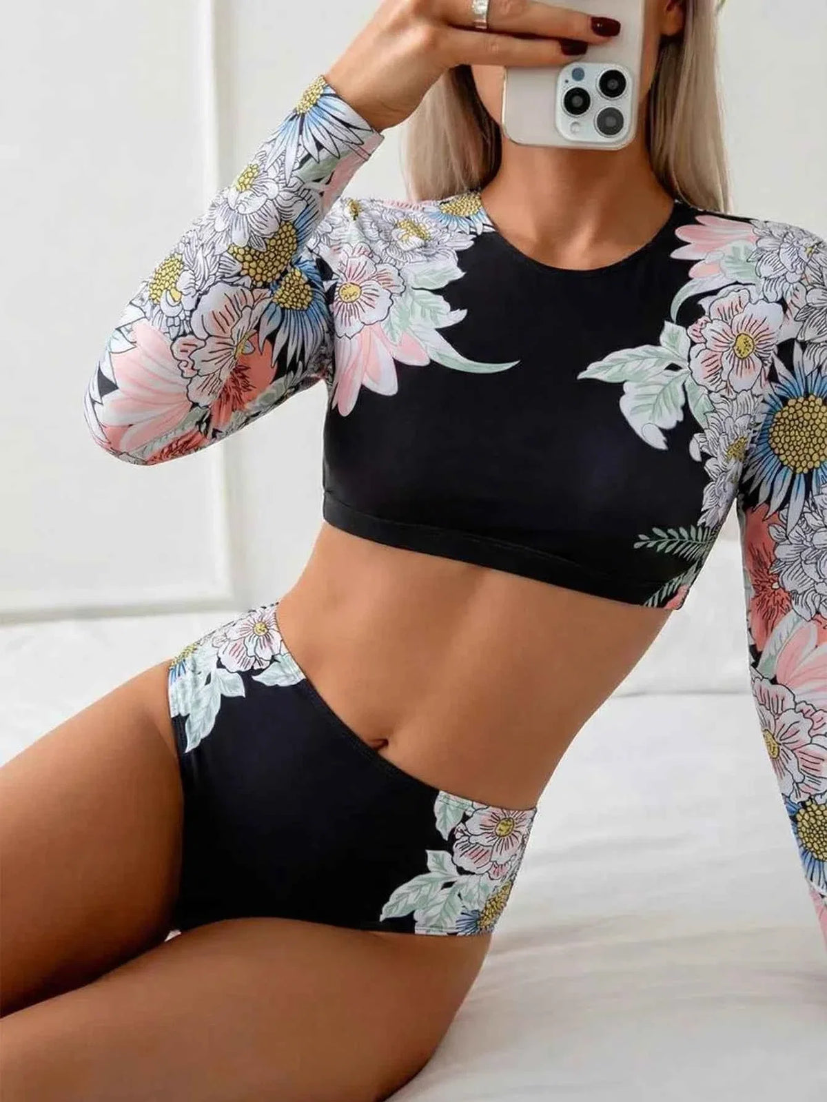 Vintage Floral Long Sleeve Bikini Set