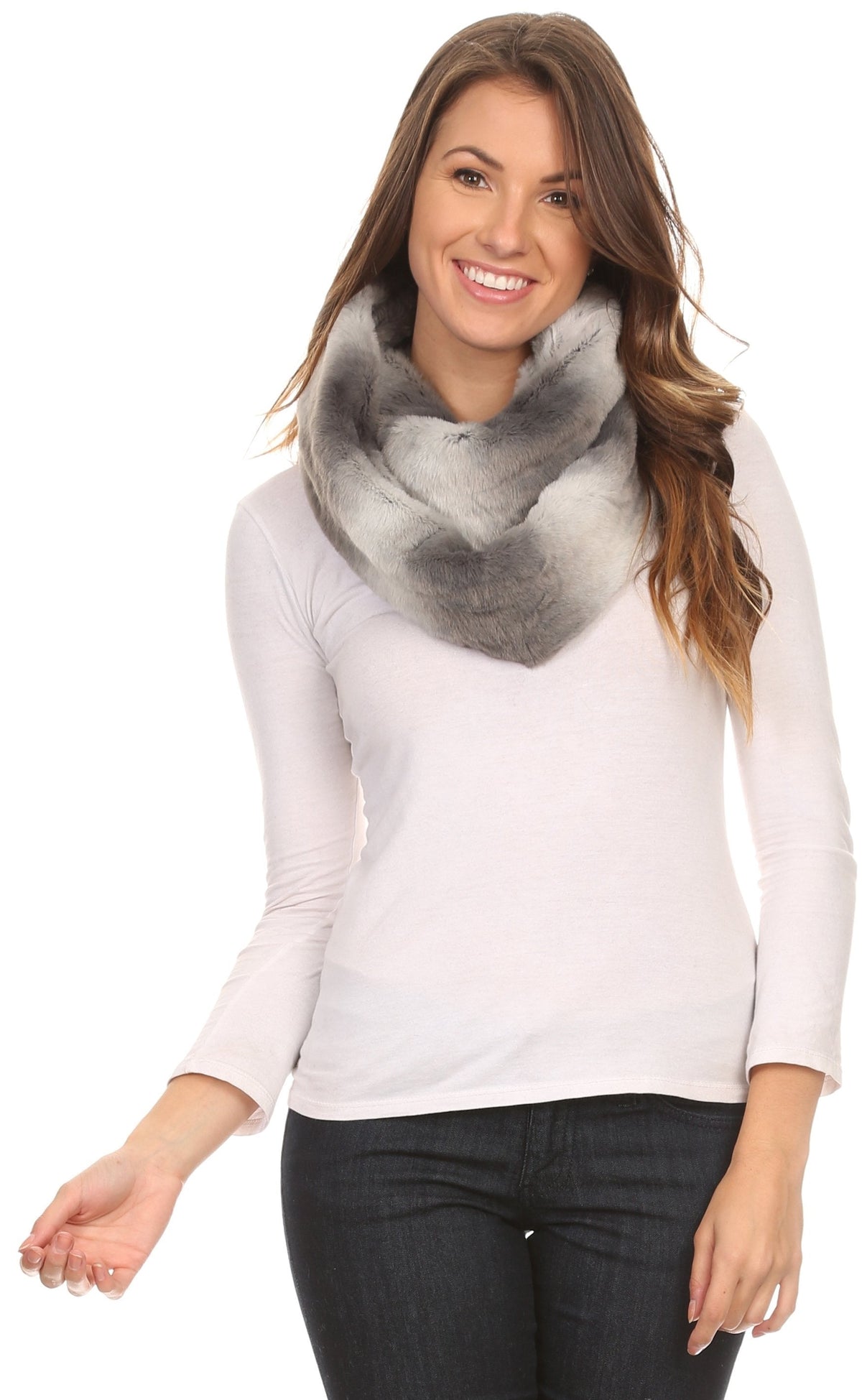Sakkas Rhie Long Lightweight Faux Fur Ombre Colored Warm Soft Infinity Scarf