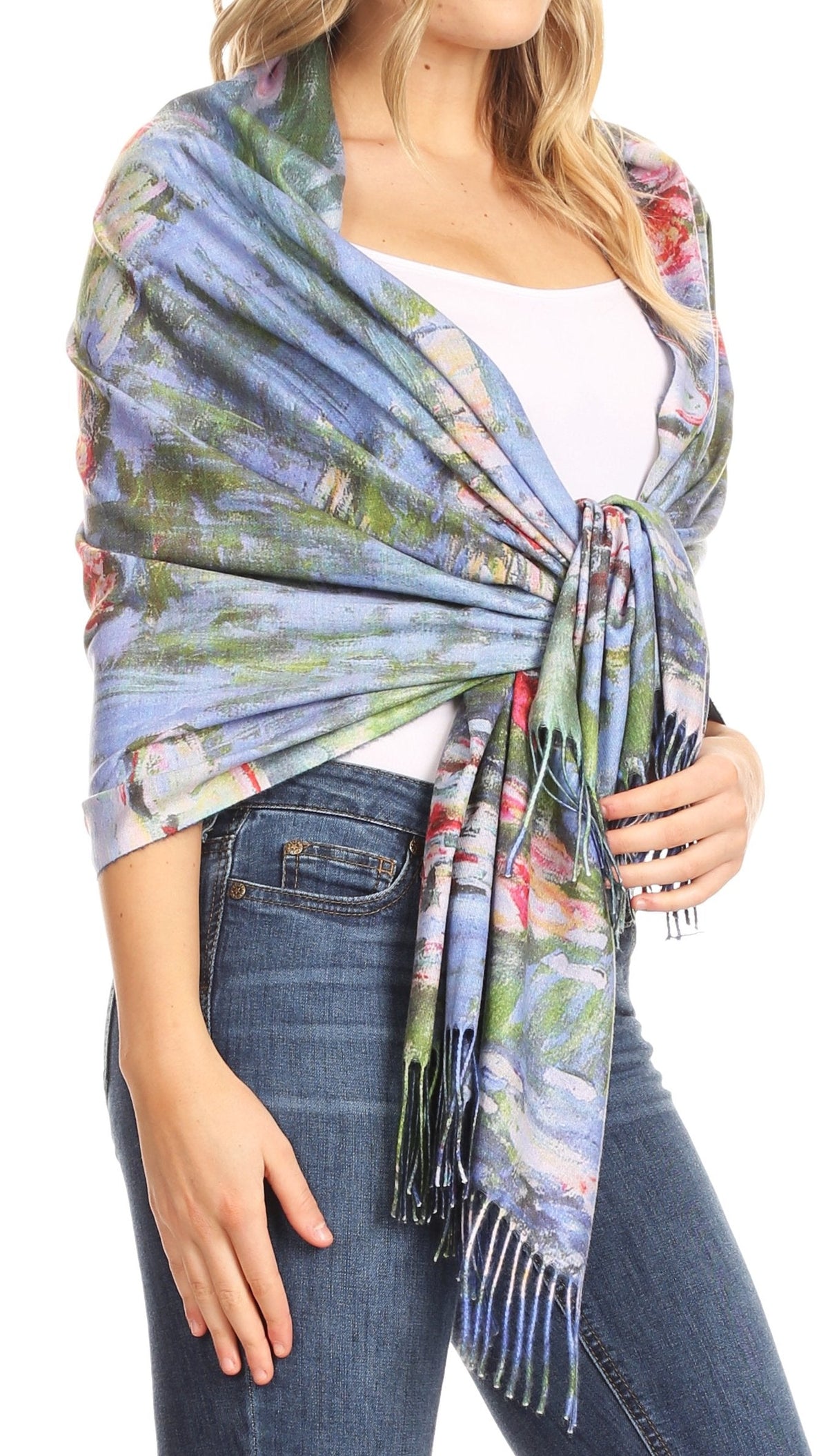 Sakkas Oria Lightweight Printed Shawl Scarf Wrap with Fringe, 71x27 in