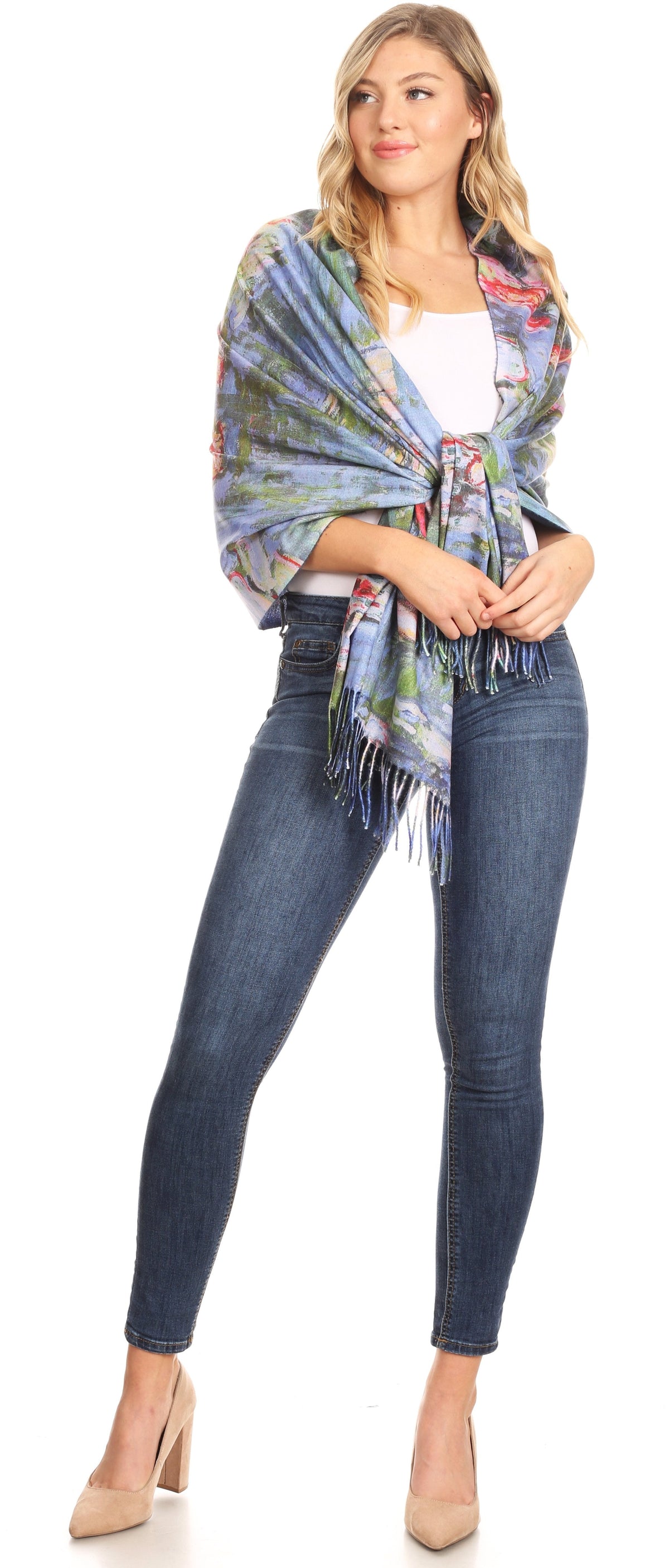Sakkas Oria Lightweight Printed Shawl Scarf Wrap with Fringe, 71x27 in