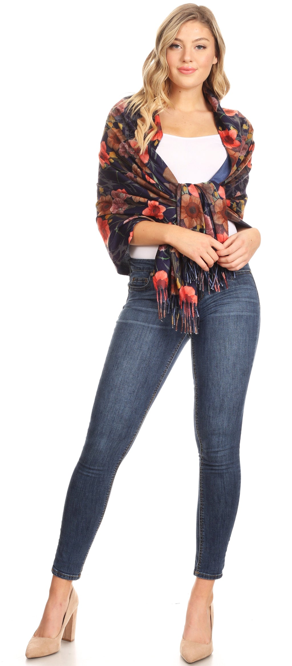 Sakkas Oria Lightweight Printed Shawl Scarf Wrap with Fringe, 71x27 in