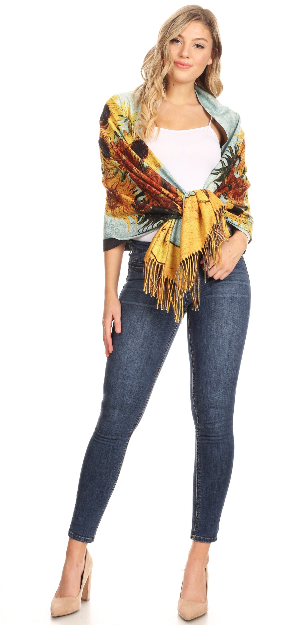 Sakkas Oria Lightweight Printed Shawl Scarf Wrap with Fringe, 71x27 in
