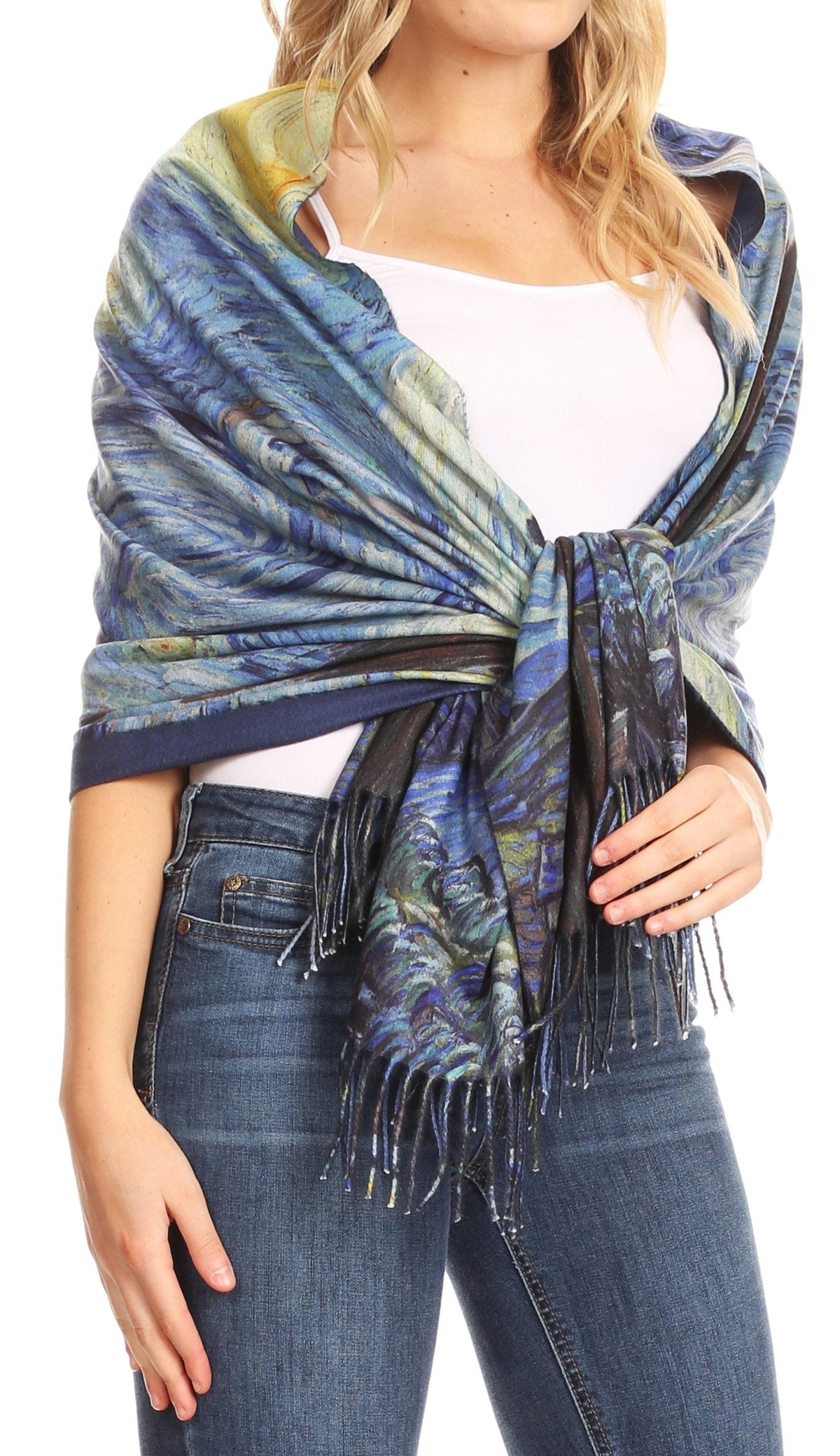 Sakkas Oria Lightweight Printed Shawl Scarf Wrap with Fringe, 71x27 in