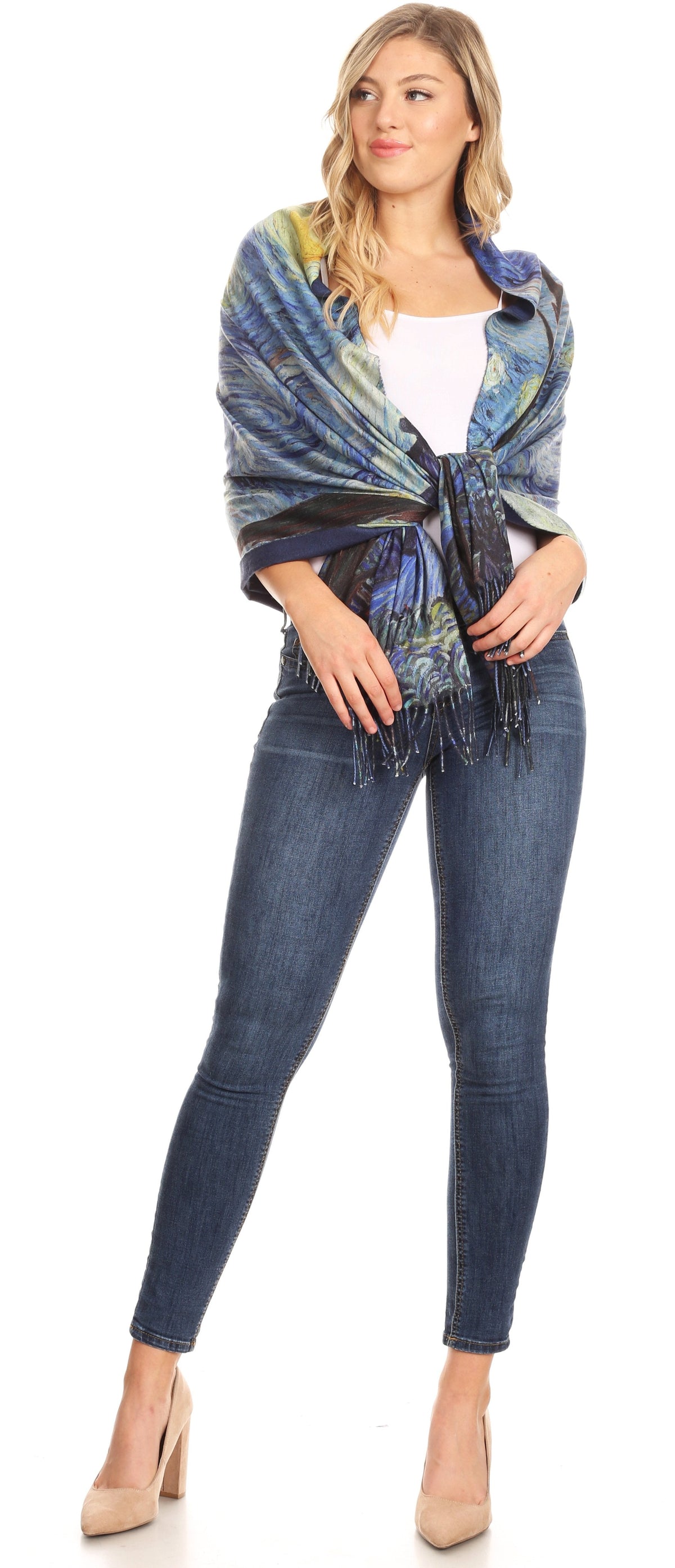 Sakkas Oria Lightweight Printed Shawl Scarf Wrap with Fringe, 71x27 in