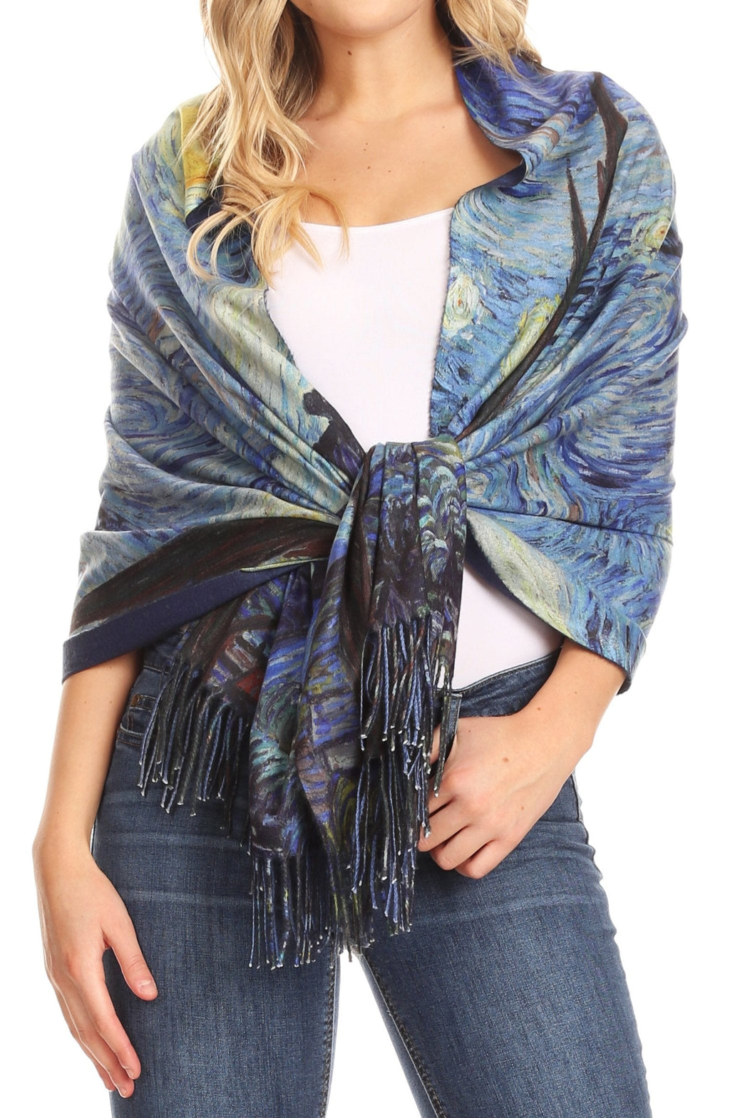 Sakkas Oria Lightweight Printed Shawl Scarf Wrap with Fringe, 71x27 in