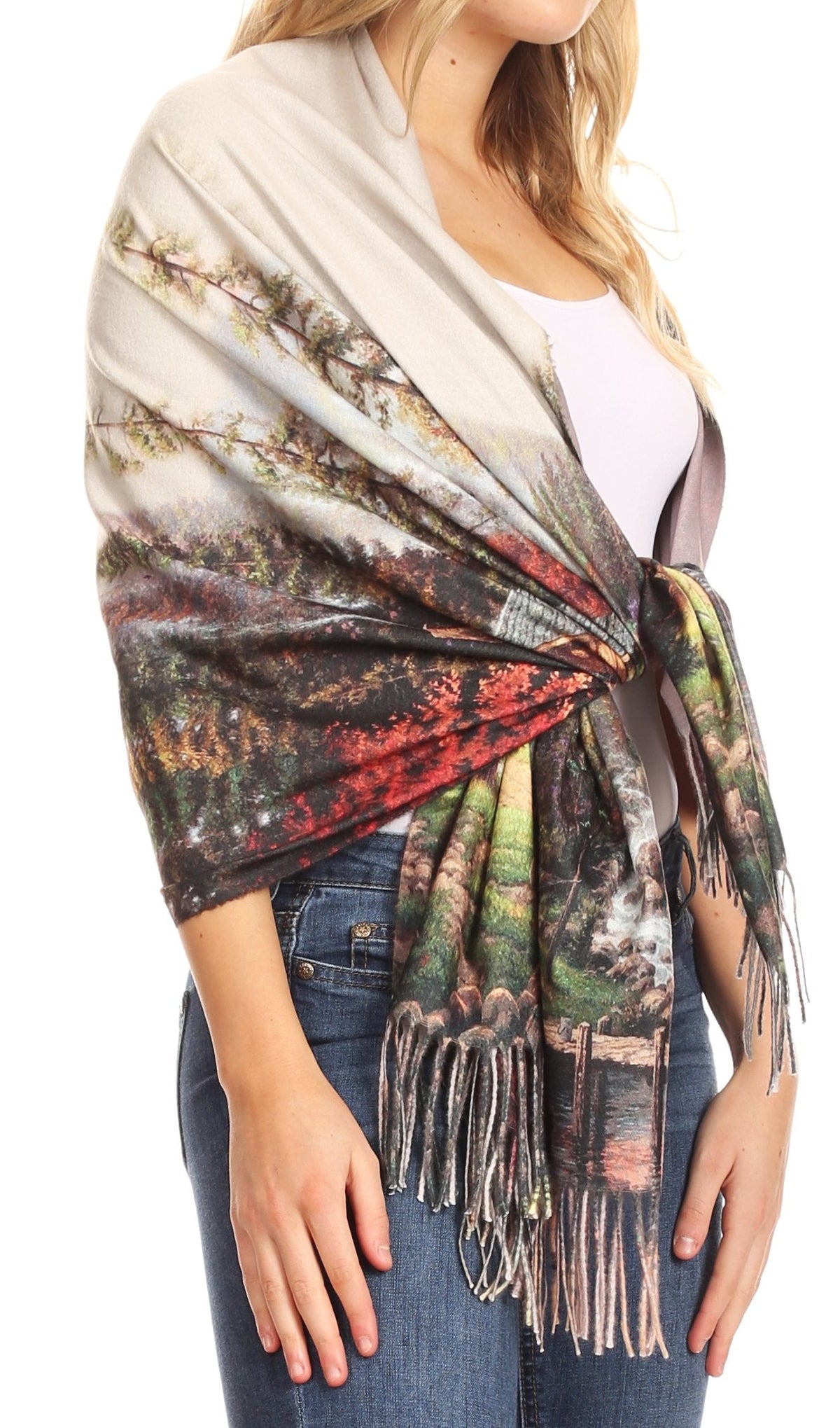 Sakkas Oria Lightweight Printed Shawl Scarf Wrap with Fringe, 71x27 in