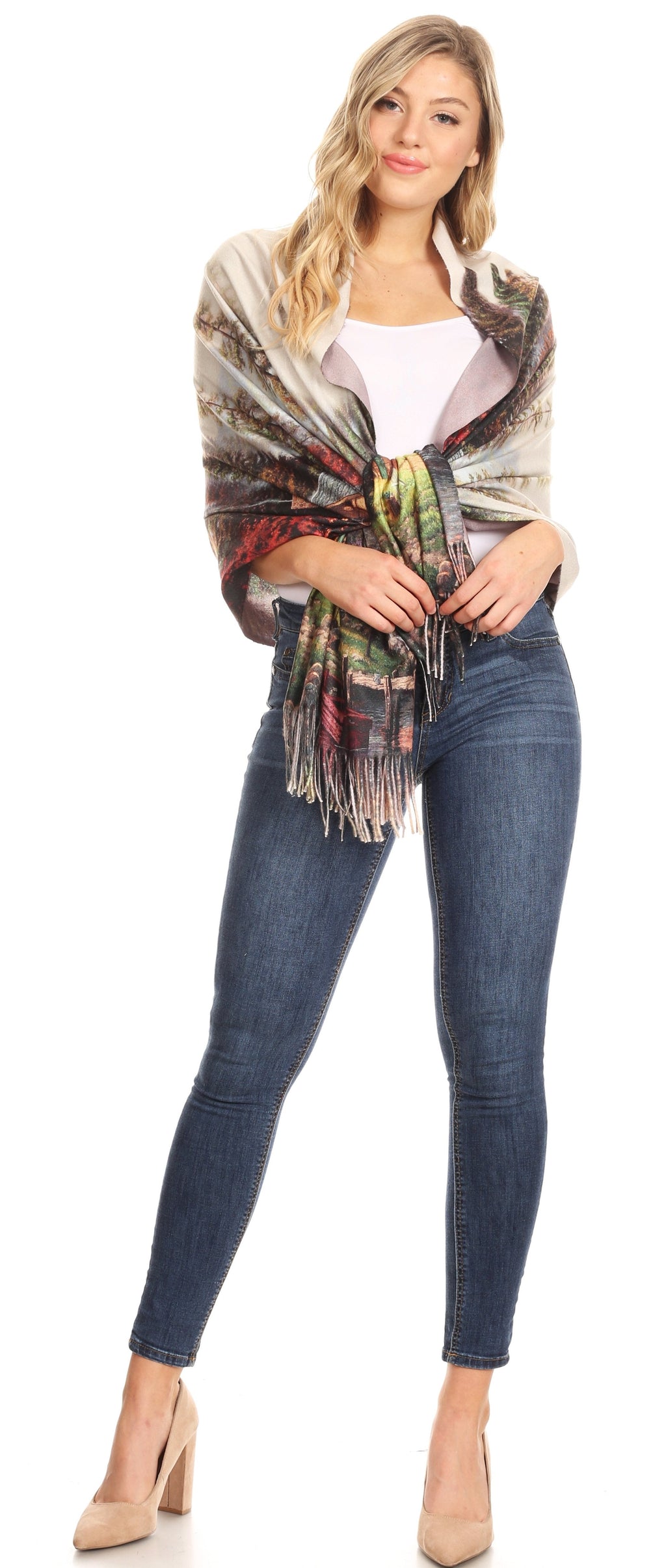 Sakkas Oria Lightweight Printed Shawl Scarf Wrap with Fringe, 71x27 in
