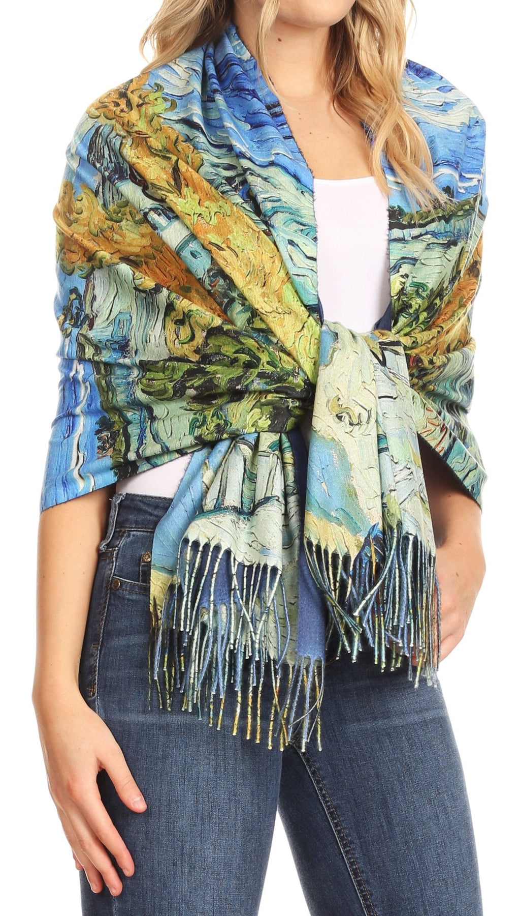 Sakkas Oria Lightweight Printed Shawl Scarf Wrap with Fringe, 71x27 in