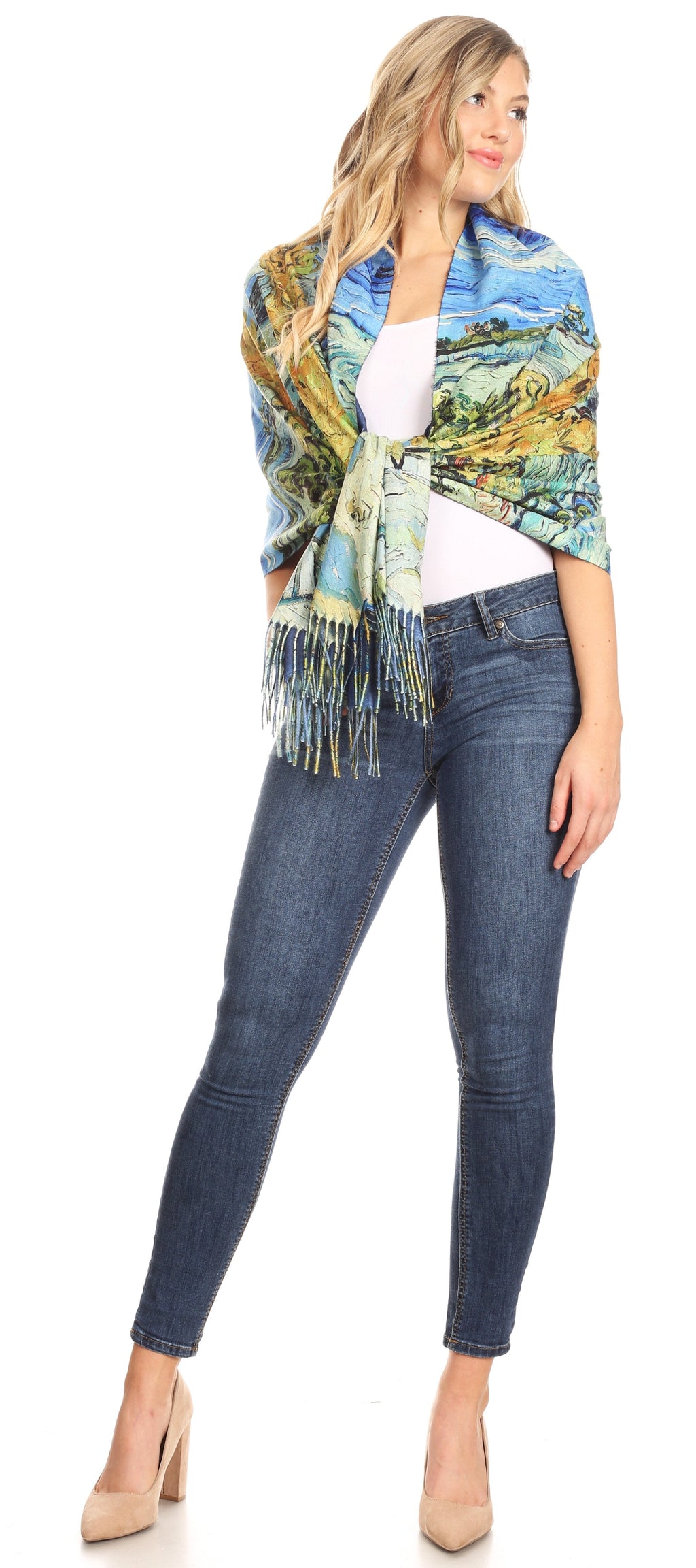Sakkas Oria Lightweight Printed Shawl Scarf Wrap with Fringe, 71x27 in