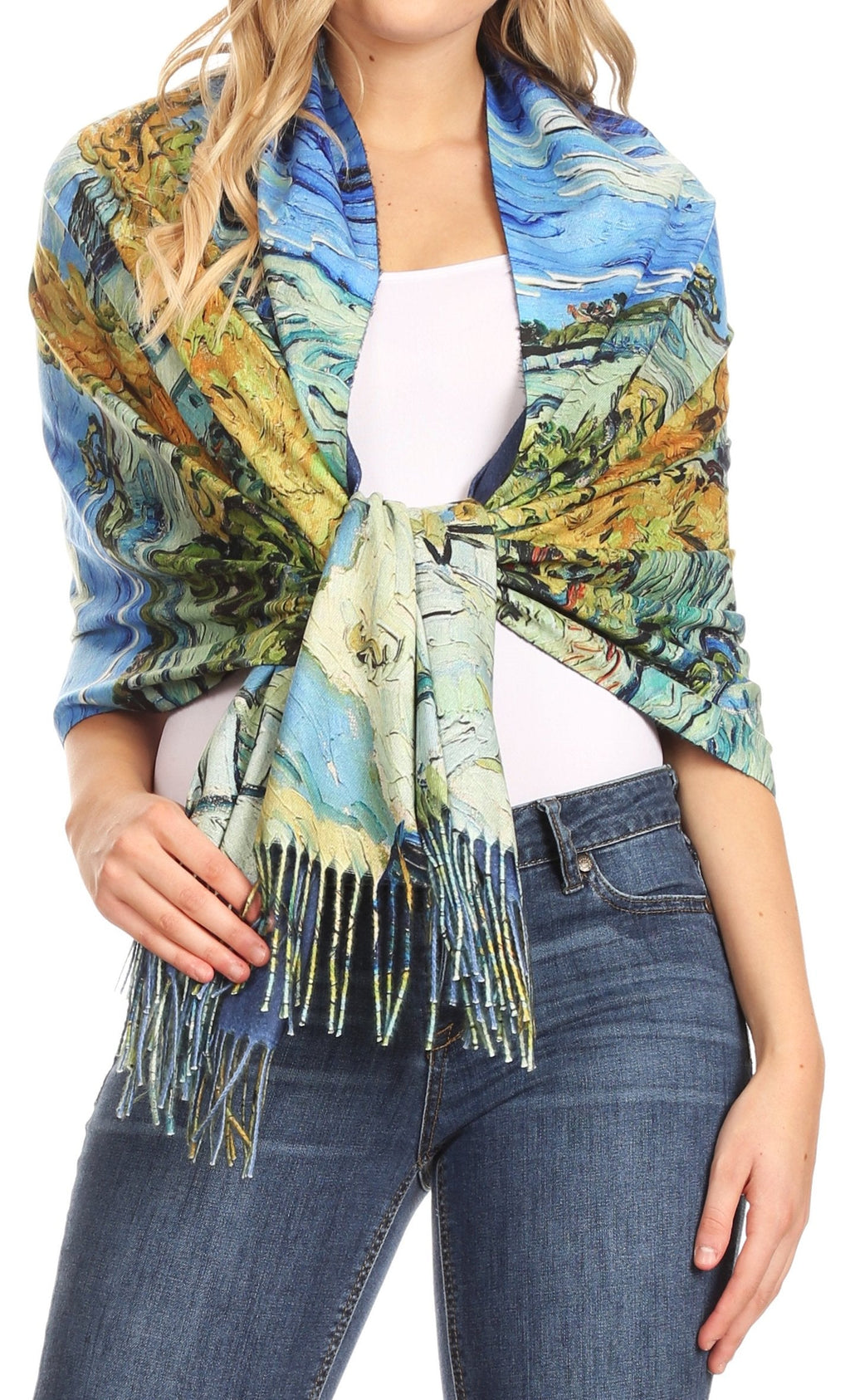 Sakkas Oria Lightweight Printed Shawl Scarf Wrap with Fringe, 71x27 in