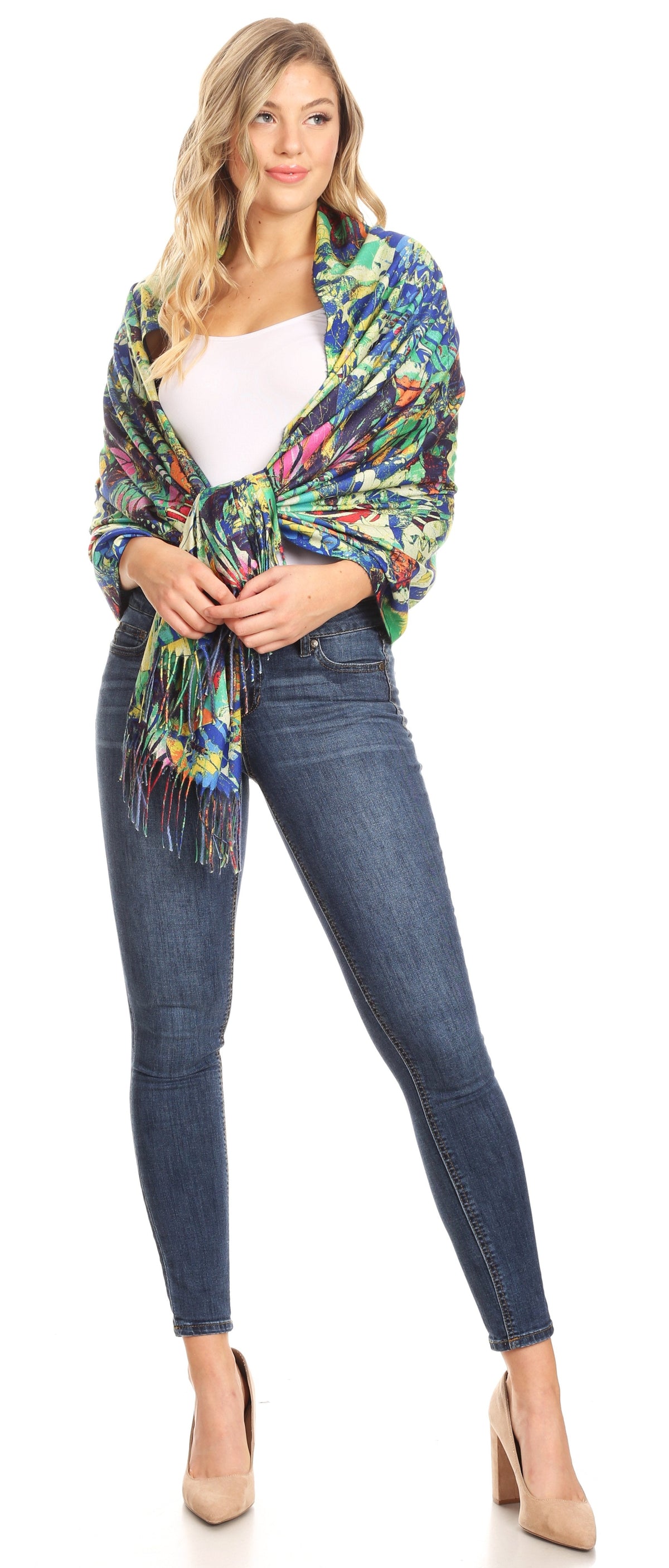 Sakkas Oria Lightweight Printed Shawl Scarf Wrap with Fringe, 71x27 in