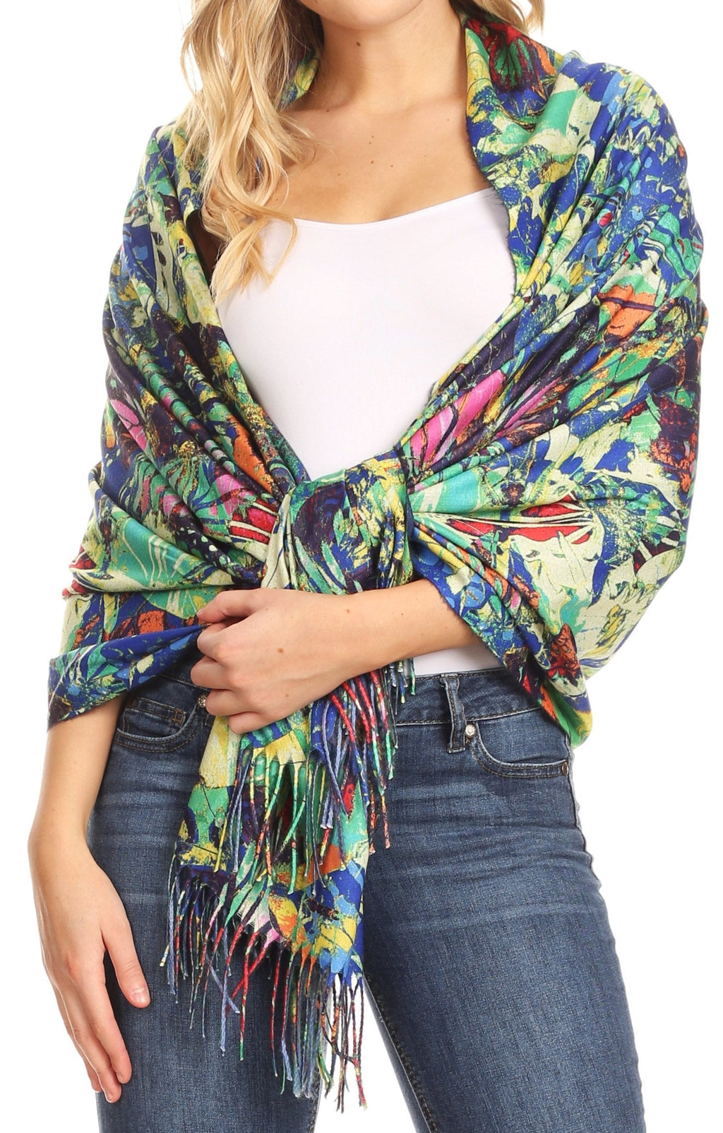 Sakkas Oria Lightweight Printed Shawl Scarf Wrap with Fringe, 71x27 in