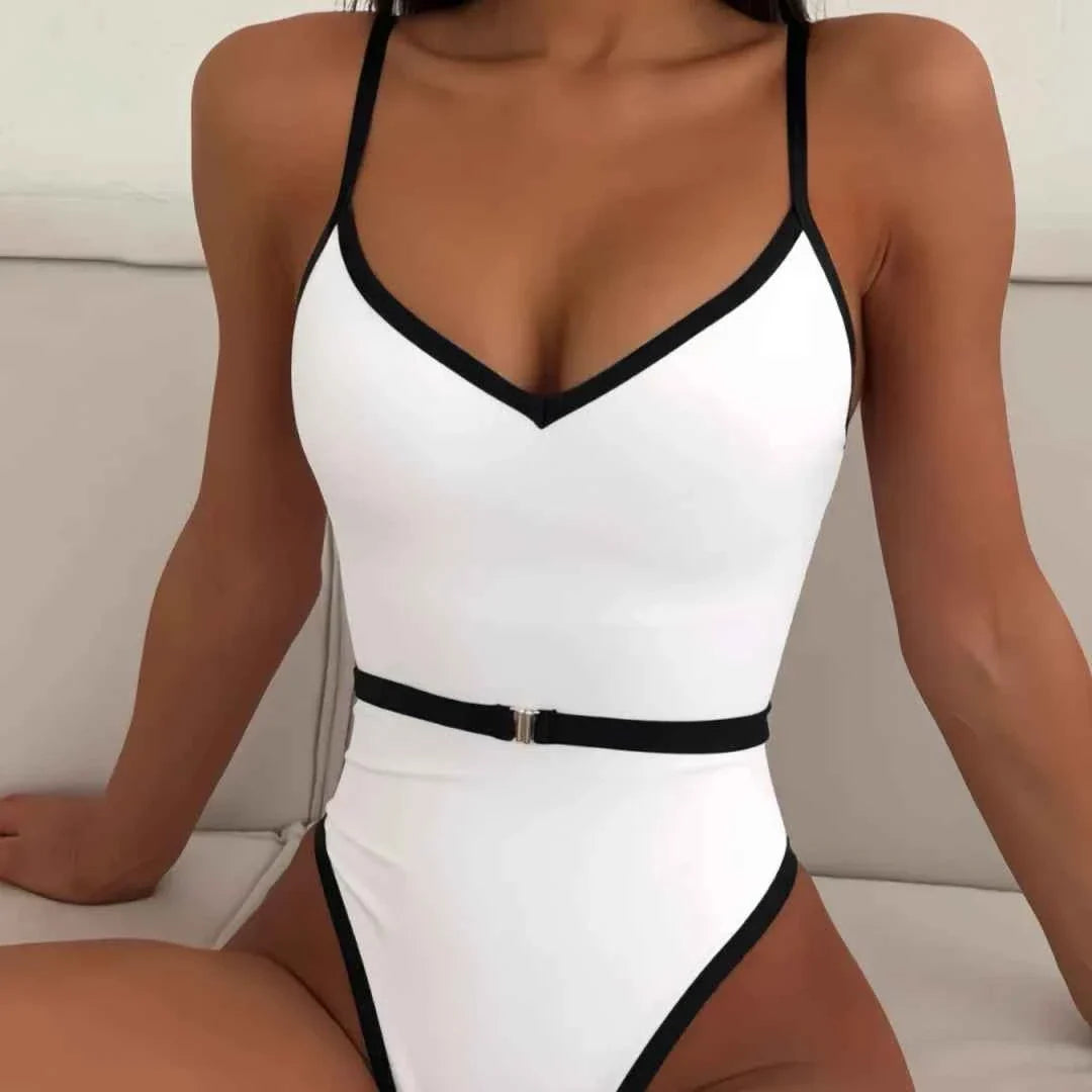 Women’s Contrast V-Neck Belted One Piece Swimsuit