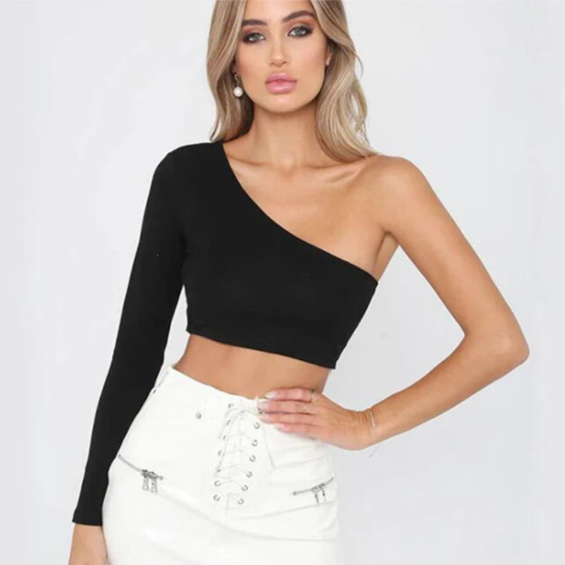 Women’s One Shoulder Long Sleeve Crop Top