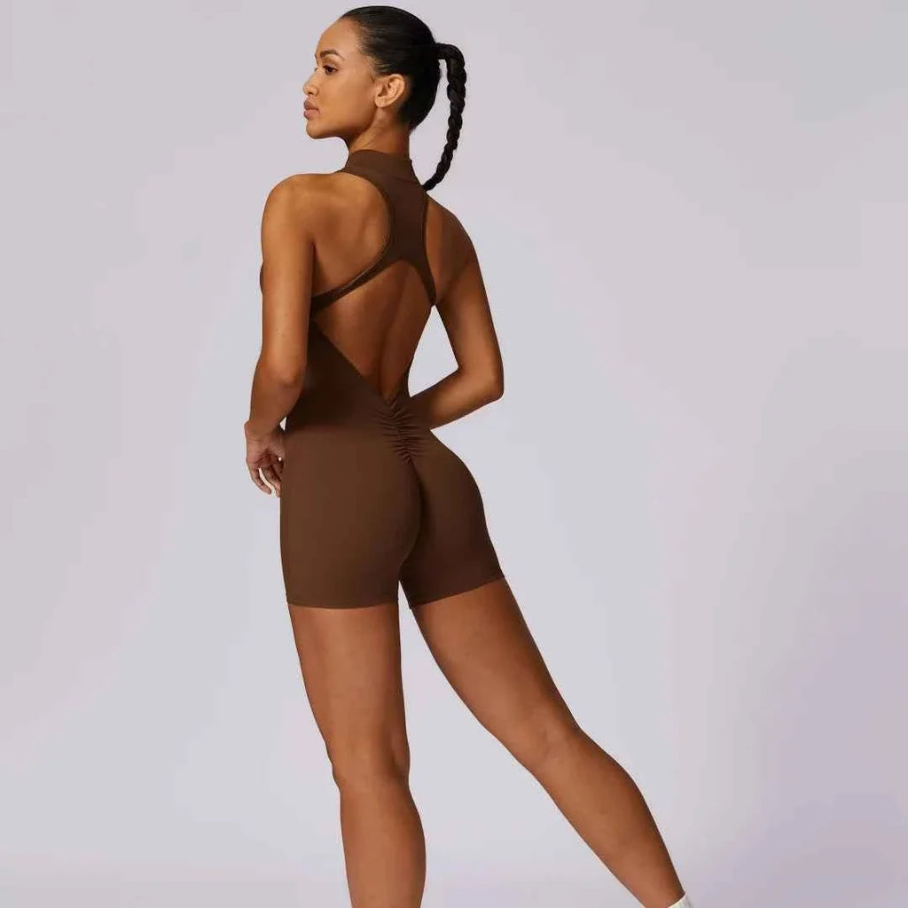 Backless Scrunch Yoga Jumpsuit Short Set Women