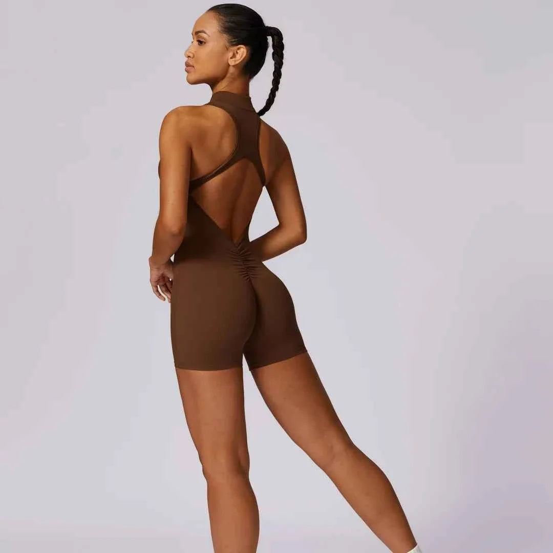 Backless Scrunch Yoga Jumpsuit Short Set Women
