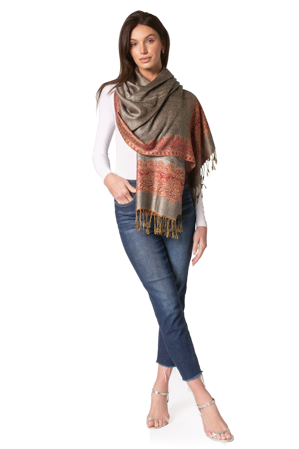 Sakkas 70" x 28" Border Pattern Layered Woven Pashmina Shawl Scarf Wrap Stole