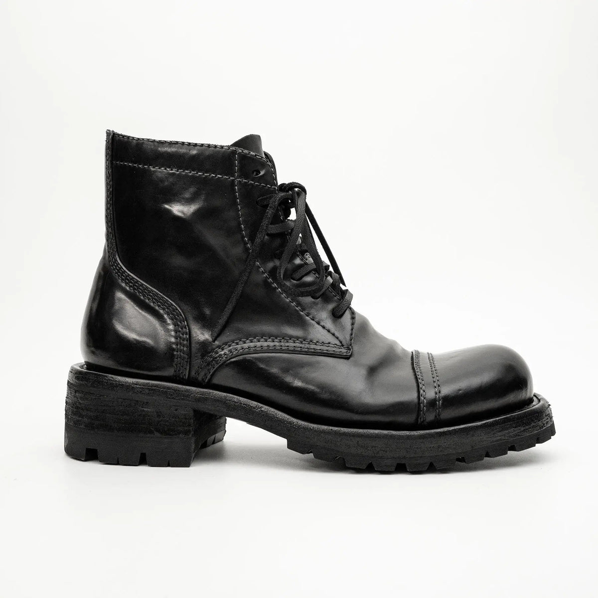 Black Cap-Toe Horse Butt Leather Ankle Boots