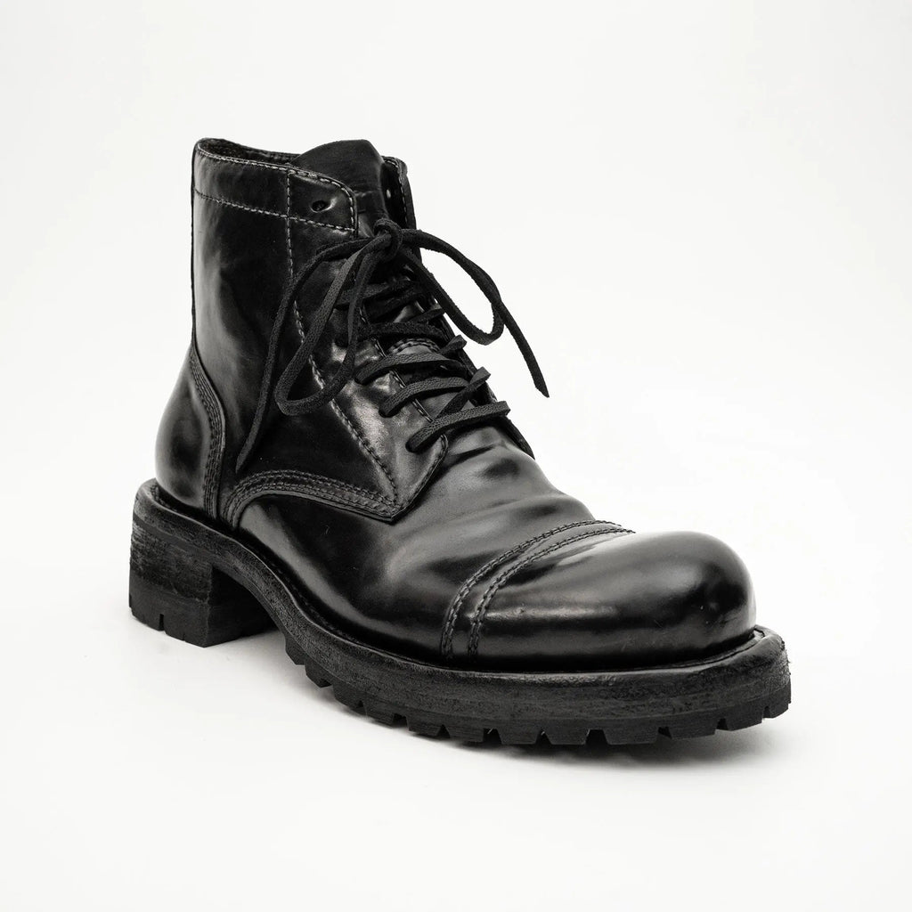 Black Cap-Toe Horse Butt Leather Ankle Boots