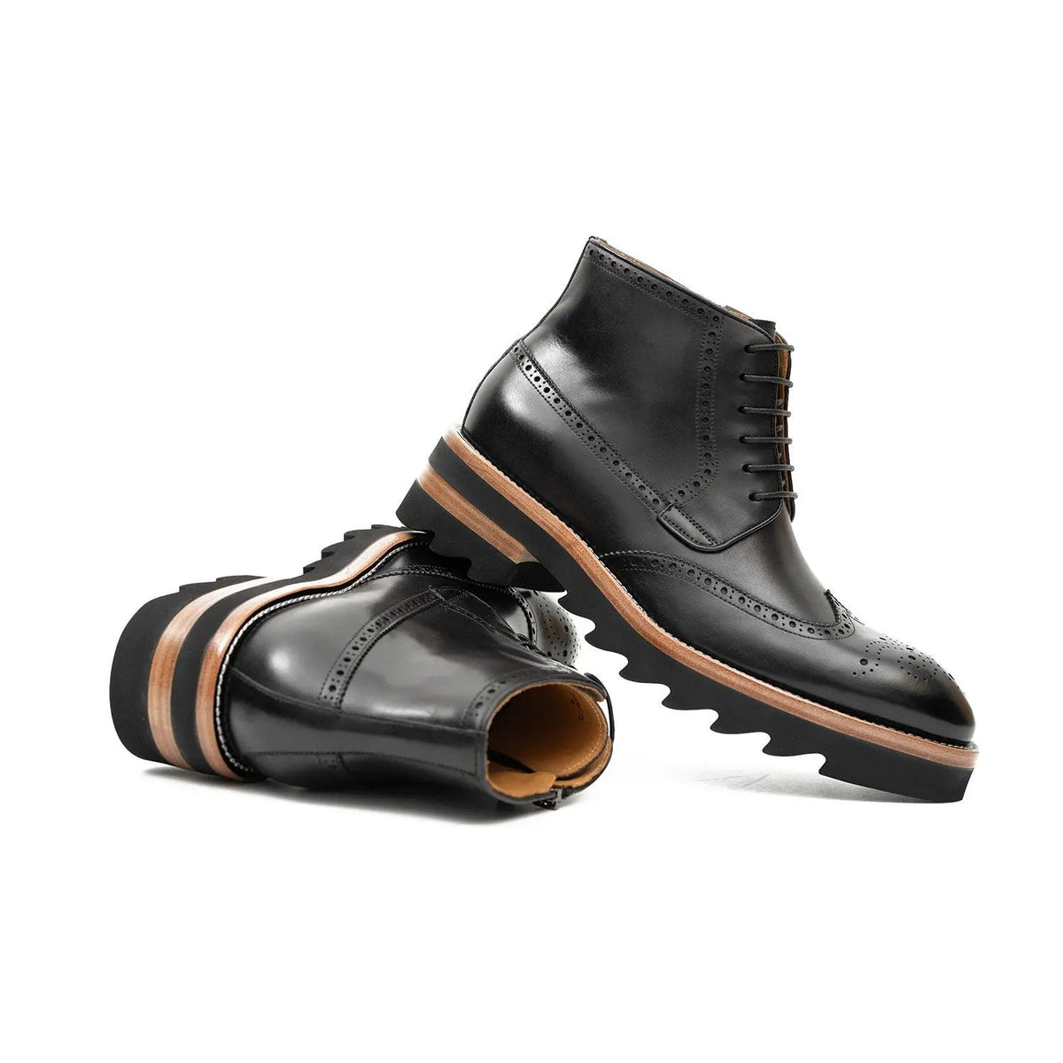 Black Wingtip Calf Leather Ankle Boots