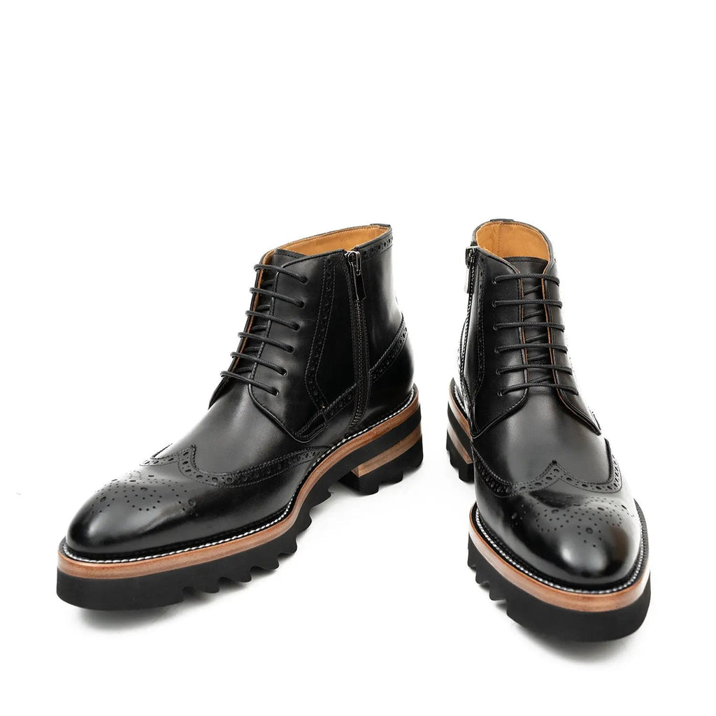 Black Wingtip Calf Leather Ankle Boots