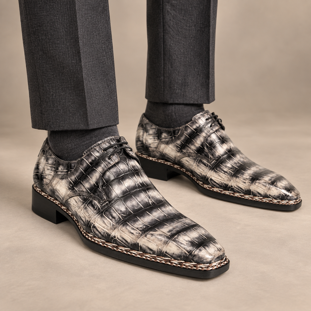 Silver-Black Crocodile Leather Derby Shoes