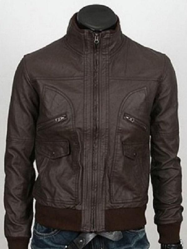 Men's Slim Fit Six-Pocket Leather Bomber Jacket