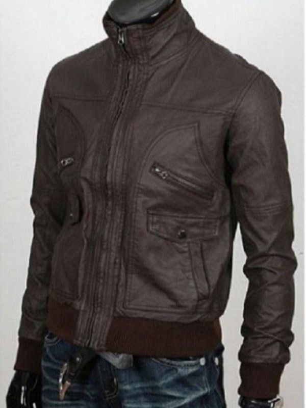 Men's Slim Fit Six-Pocket Leather Bomber Jacket