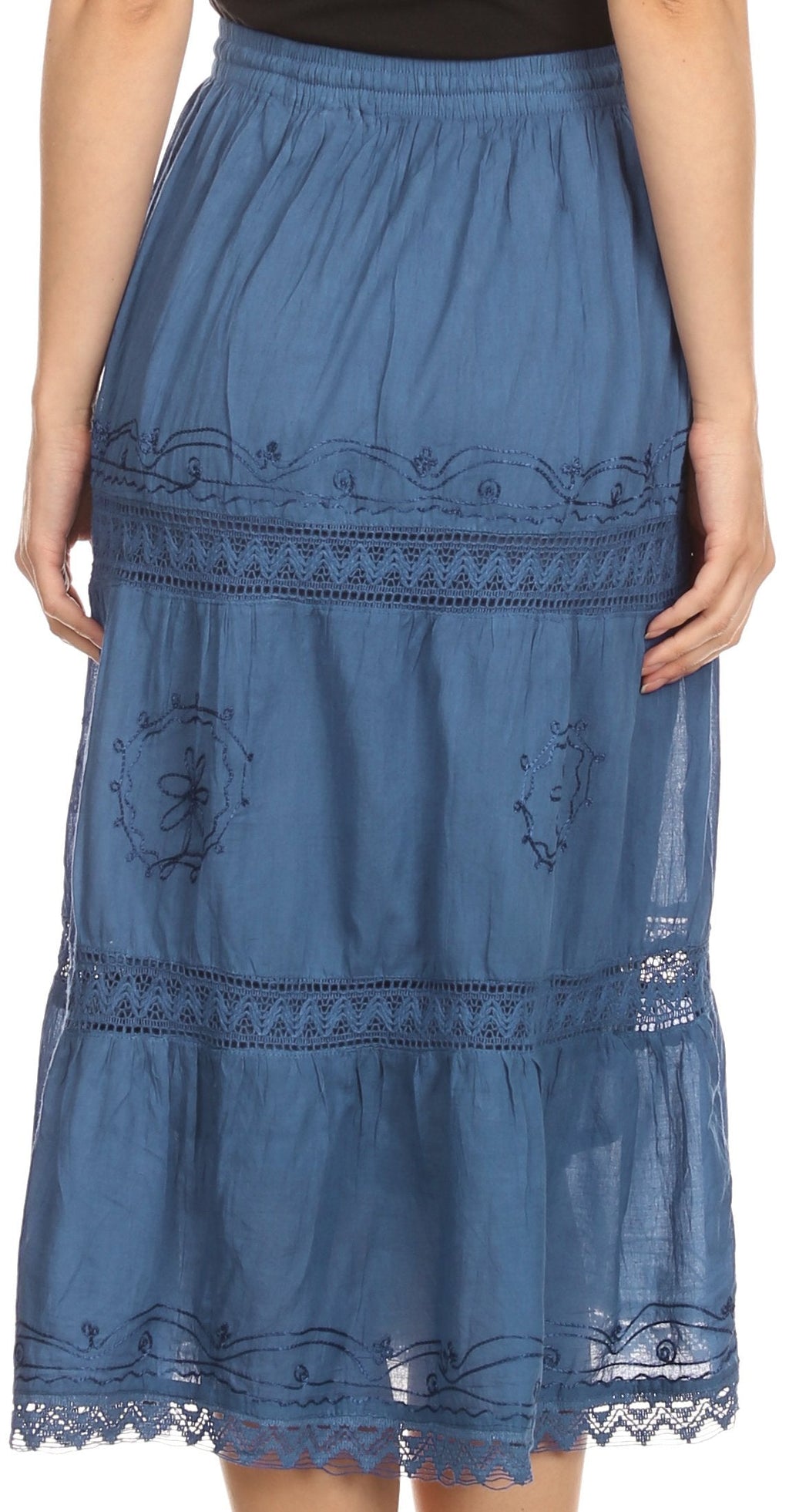 Sakkas Solid Embroidered Gypsy Bohemian Mid Length Cotton Skirt