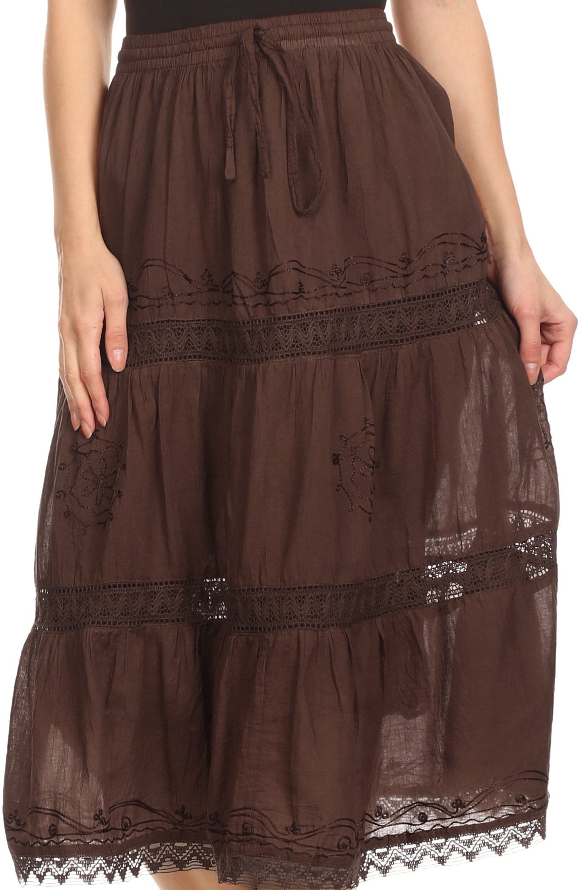 Sakkas Solid Embroidered Gypsy Bohemian Mid Length Cotton Skirt