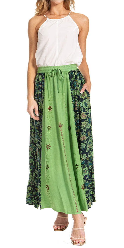Sakkas Maran Women's Boho Embroidery Skirt with Lace Elastic Waist and Pockets