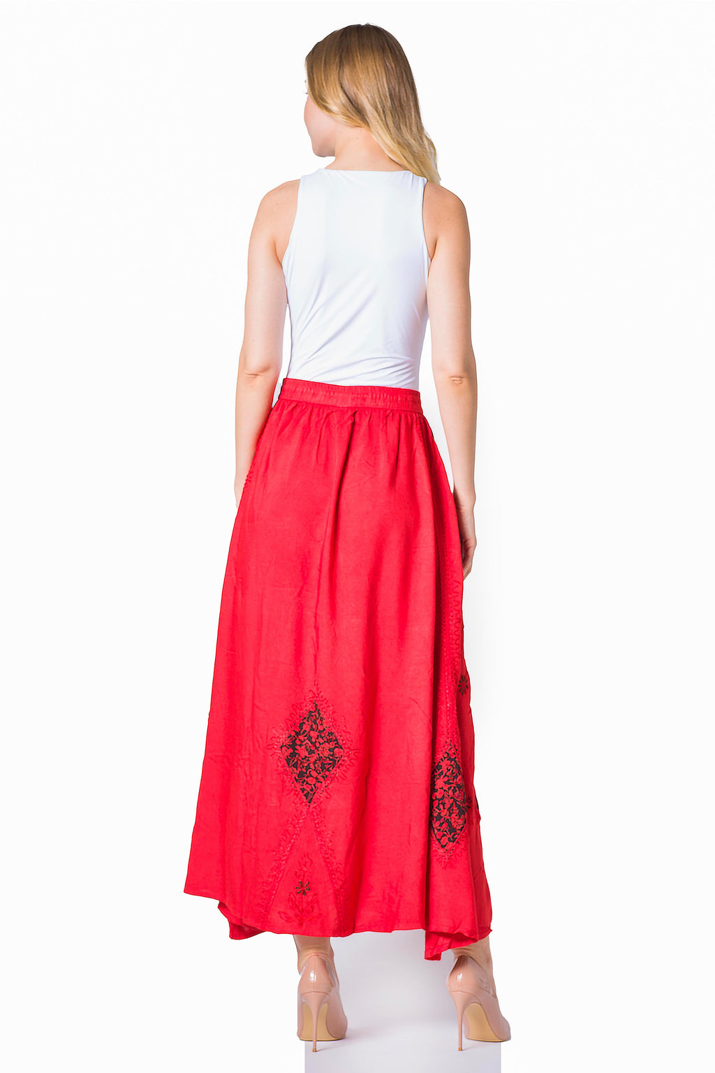 Sakkas Zarah Women's Boho Embroidery Gypsy Skirt with Lace Elastic Waist Pockets