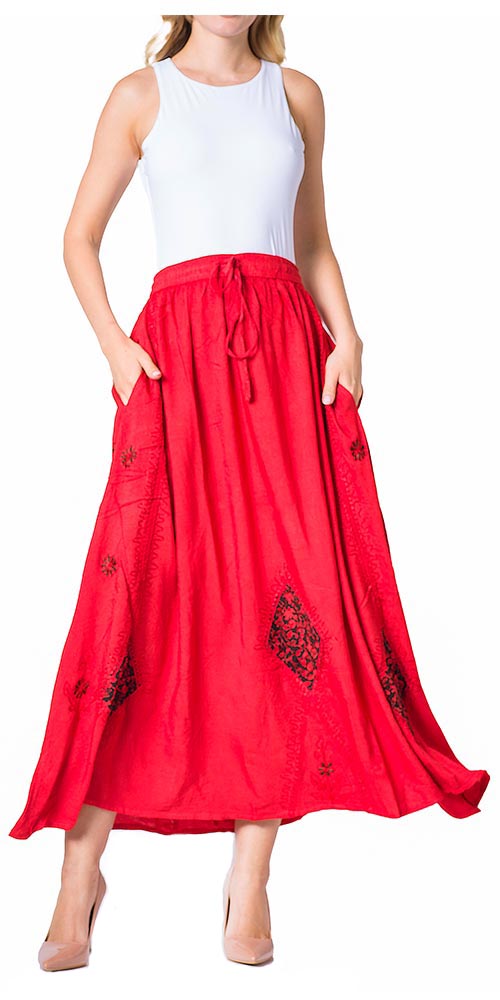 Sakkas Zarah Women's Boho Embroidery Gypsy Skirt with Lace Elastic Waist Pockets