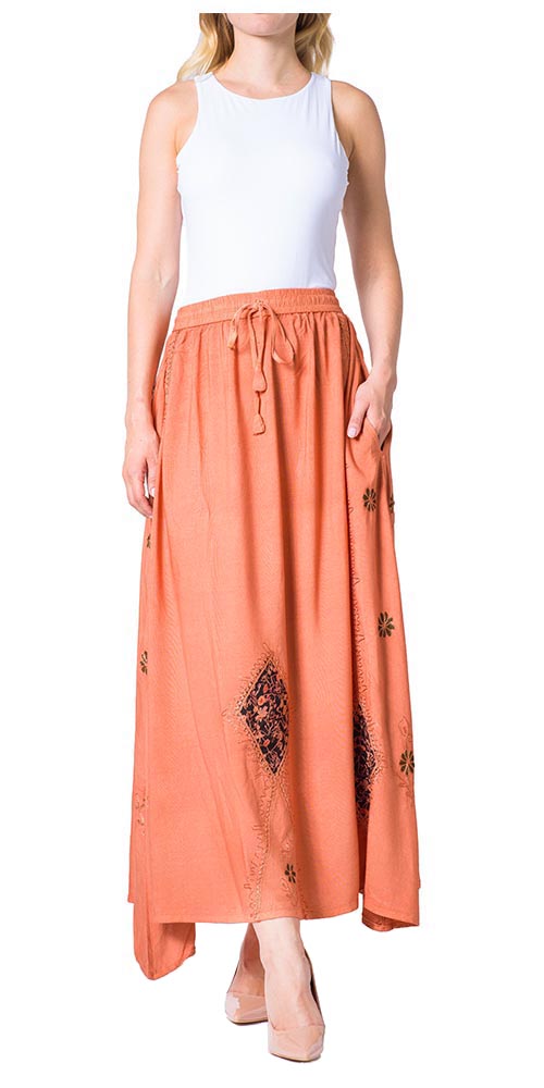 Sakkas Zarah Women's Boho Embroidery Gypsy Skirt with Lace Elastic Waist Pockets