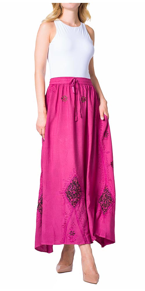 Sakkas Zarah Women's Boho Embroidery Gypsy Skirt with Lace Elastic Waist Pockets