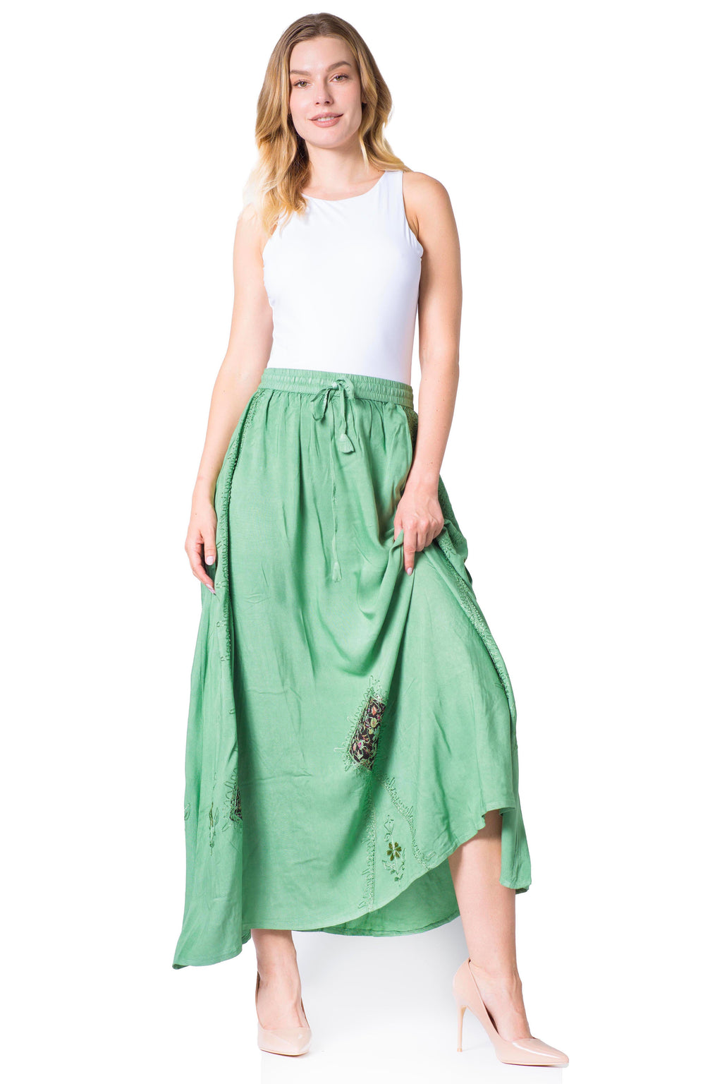 Sakkas Zarah Women's Boho Embroidery Gypsy Skirt with Lace Elastic Waist Pockets