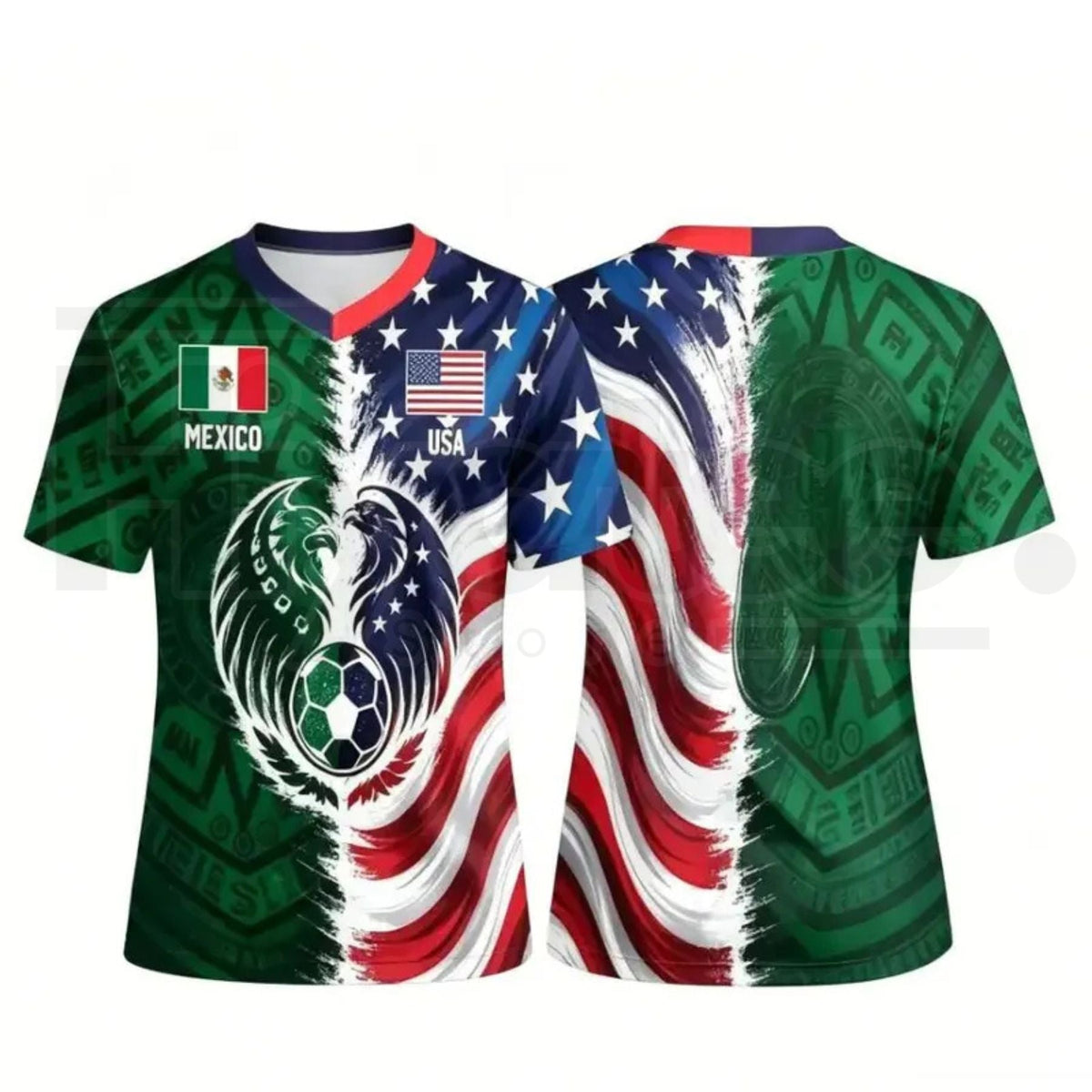 Split Half Mexico Green Tribal & US Stars Stripes Athletic Shirt – Dual Eagle Cross-Border Heritage Fan Apparel