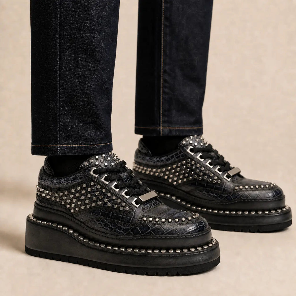 Black Studded Crocodile Leather Platform Sneakers
