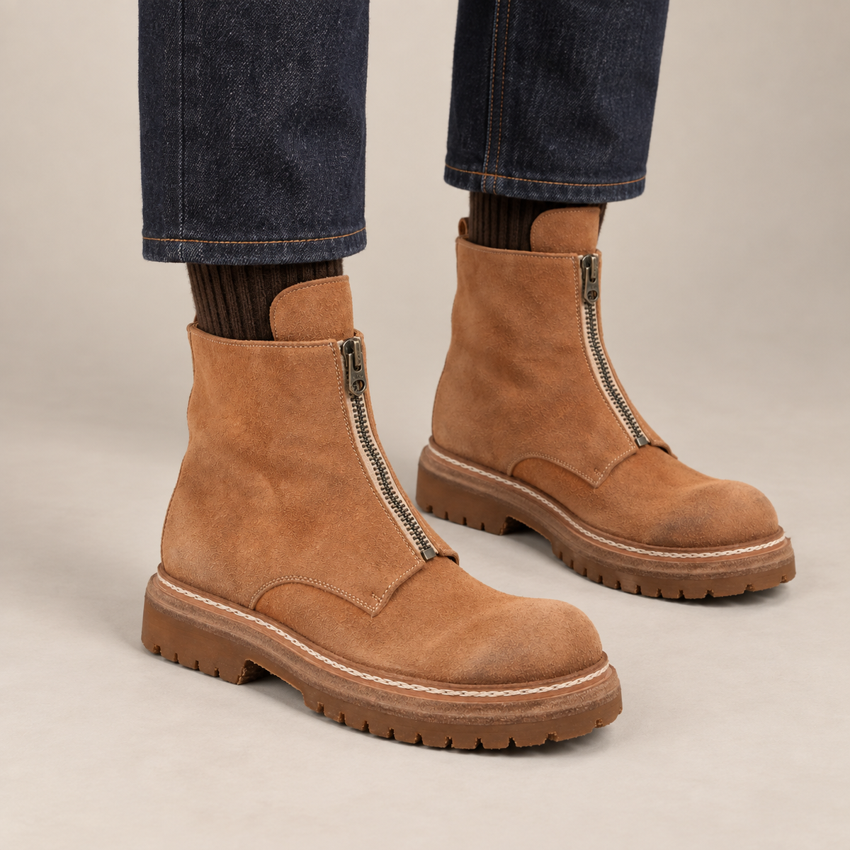 Tan Plain-Toe Washed Horsehide Ankle Boots