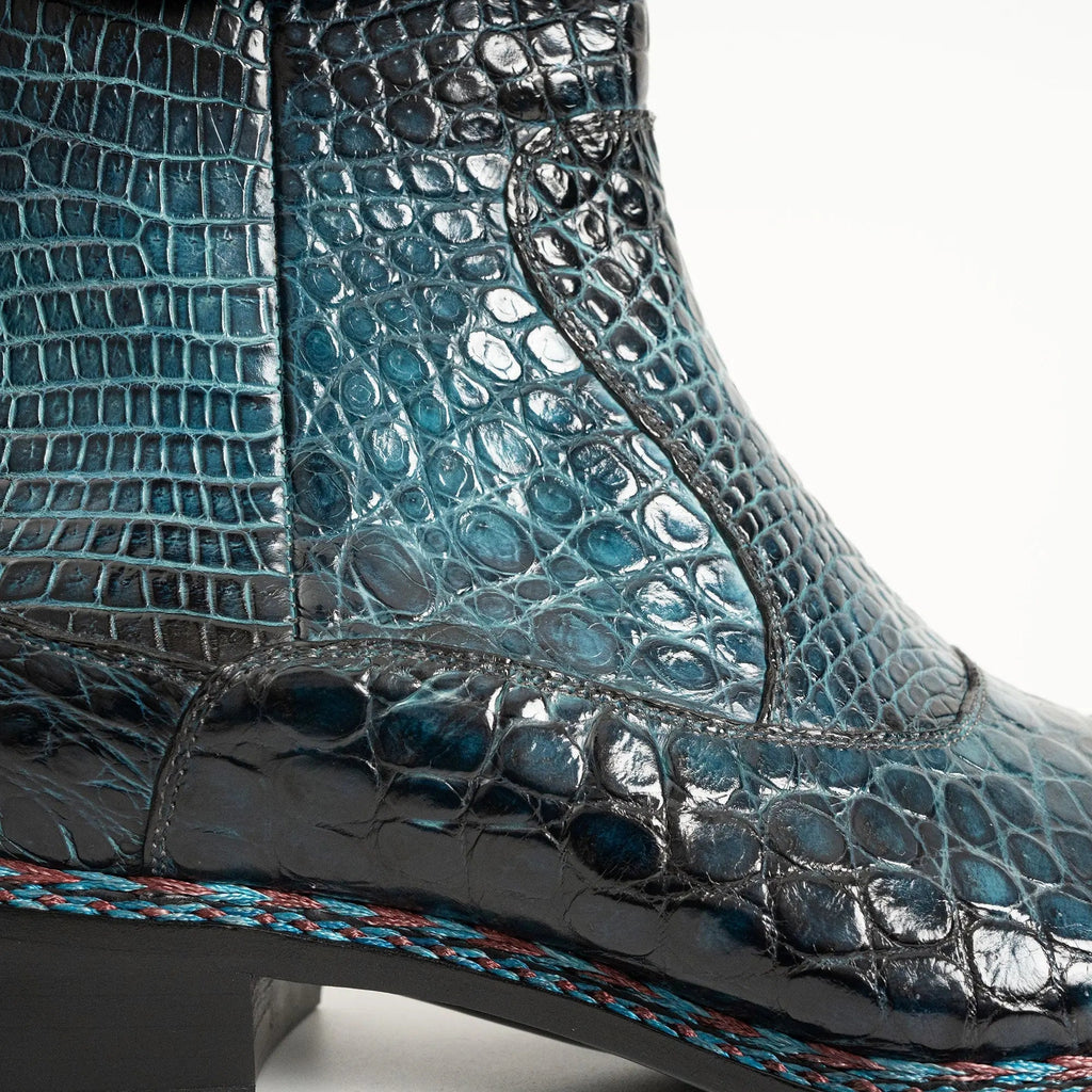 Teal Crocodile Leather Buckle Ankle Boots