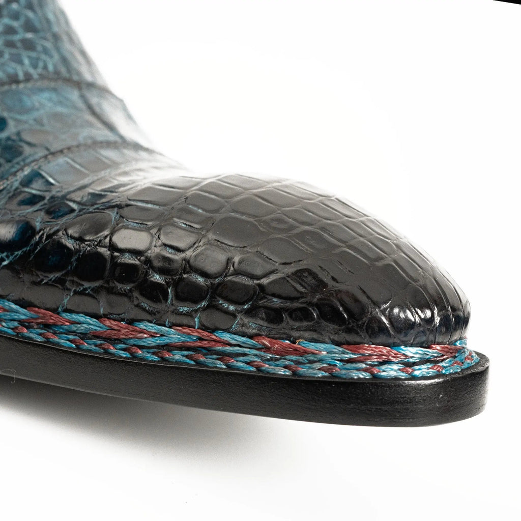 Teal Crocodile Leather Buckle Ankle Boots