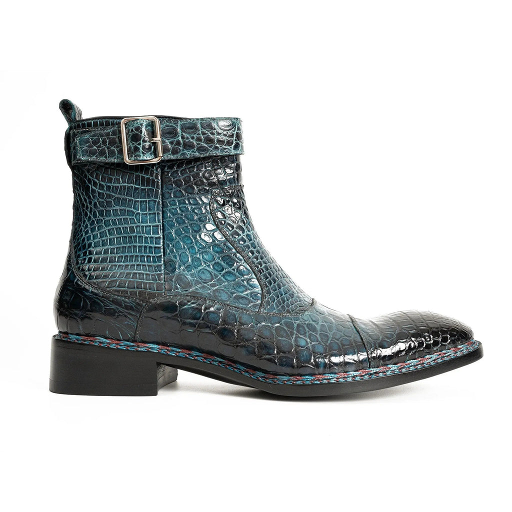 Teal Crocodile Leather Buckle Ankle Boots
