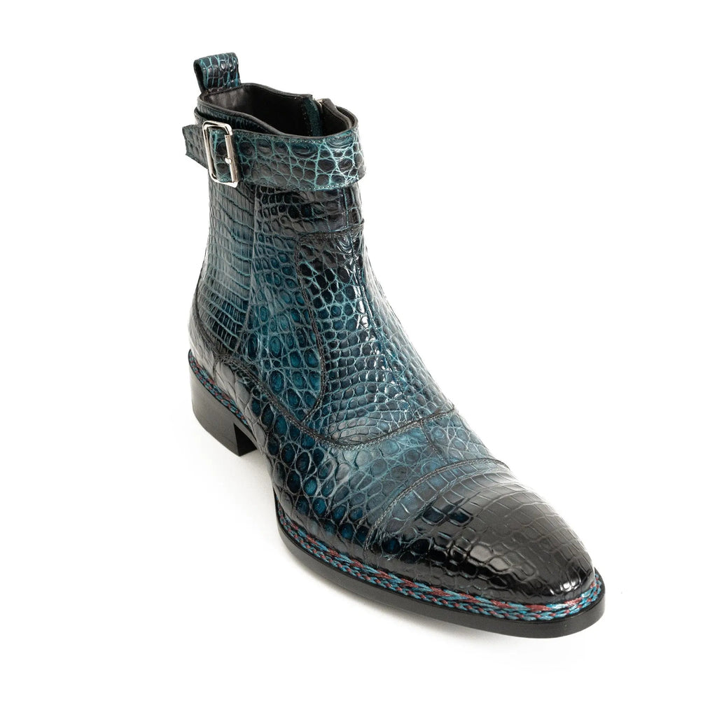 Teal Crocodile Leather Buckle Ankle Boots