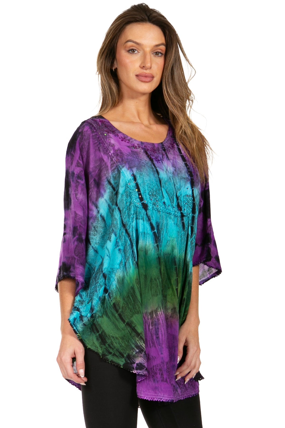 Sakkas Ellesa Ombre Tie Dye Circle Poncho Blouse Shirt Top With Sequin Embroidery