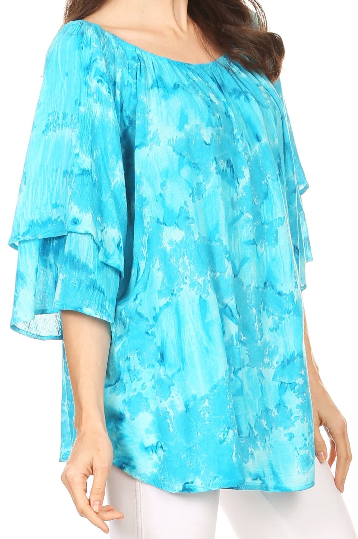 Sakkas Flora Watercolor Tie Dye Double Bell Sleeve Raglan Blouse